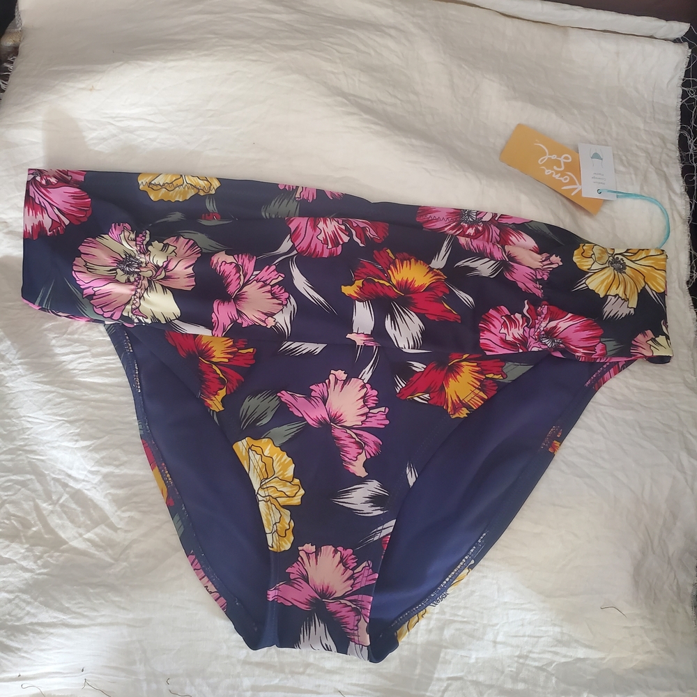 Kona Sol Navy Floral Bikini Bottom with Pink & Yellow Blooms